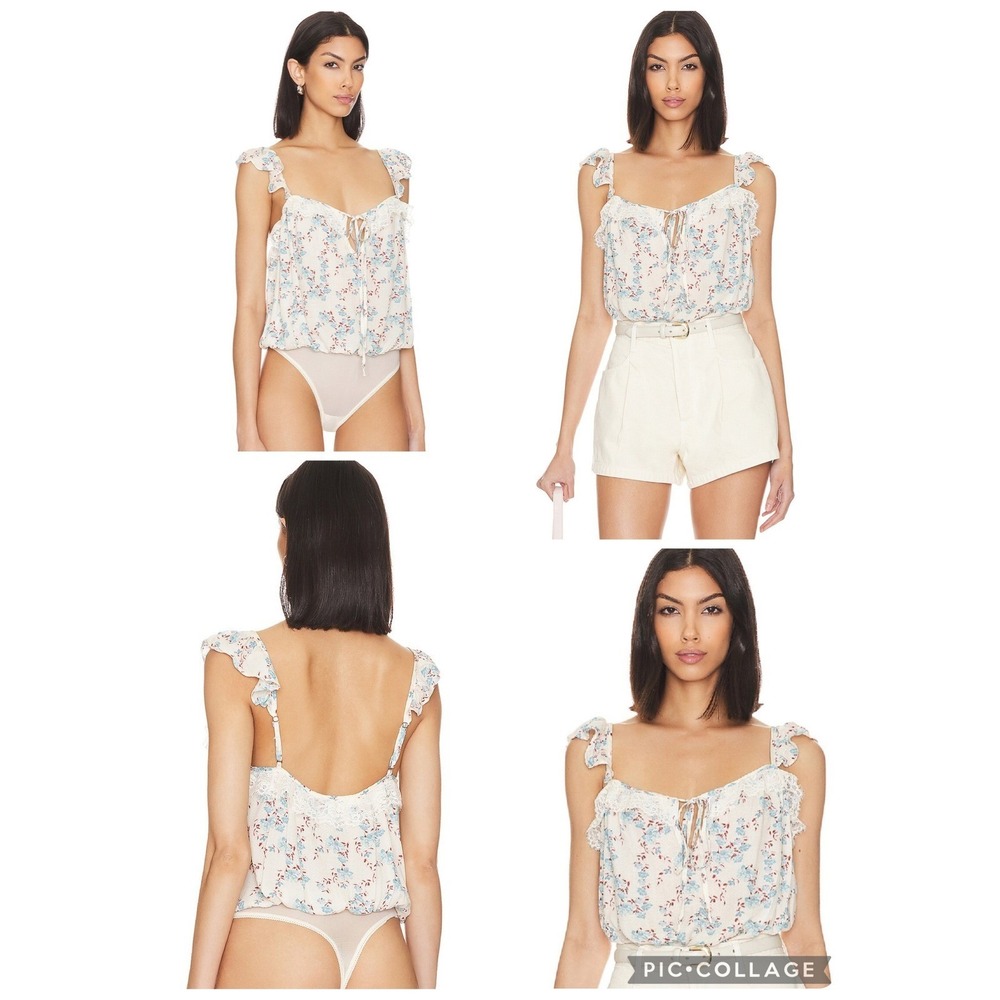 Intimately Free People Floral Bodysuit Ruffle Trim Lace Ivory L